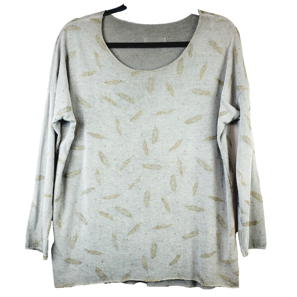 Made In Italy Womens Top Large Olive Green FEATHER PRINT GOLD Long Sleeve Boho